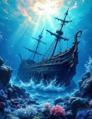 The primary subject of the image is a large wooden ship, which is the main object, scene, or focus of the image. The ship is floating in a blue ocean, surrounded by water. The setting/background features the vast ocean, with the ship being the main point of interest. The visual style of the image is digital art, as it is a computer-generated illustration. The colors and mood of the image are predominantly blue, creating a serene and peaceful atmosphere.
